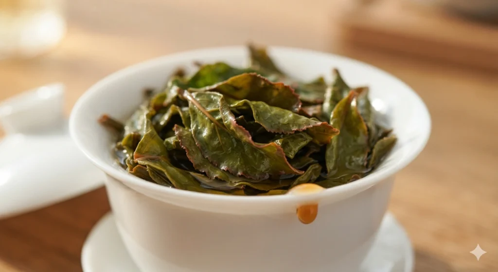 Unfurled Duck Shit Oolong tea leaves with red edges after brewing