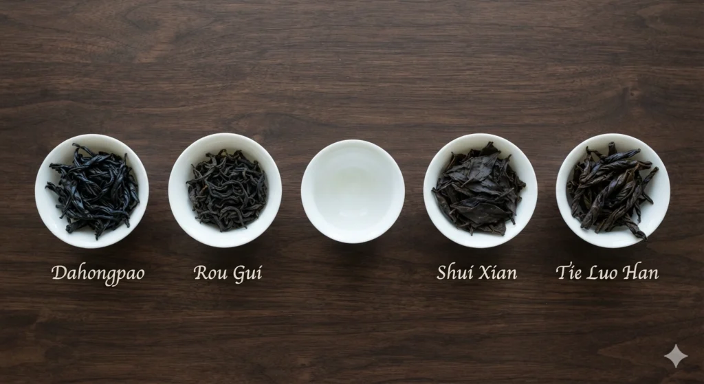 Wuyi Rock Tea types Dahongpao Rou Gui Shui Xian Tie Luo Han comparison