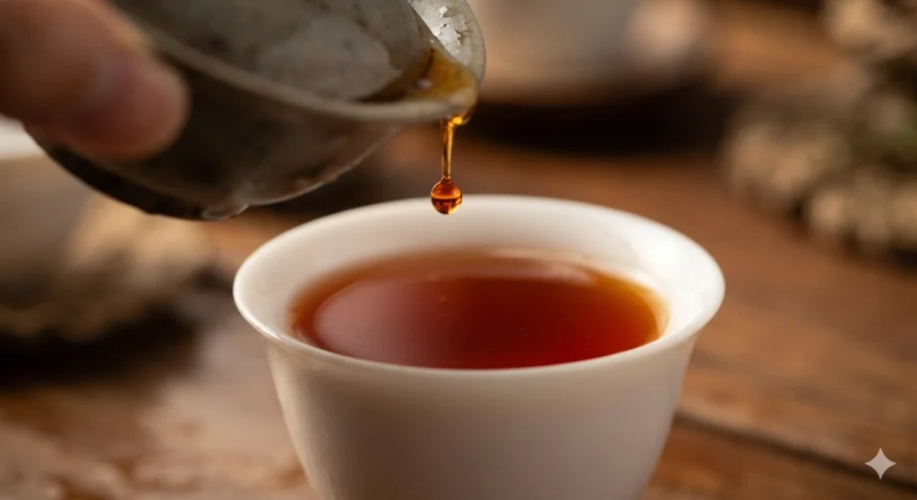 Wuyi Rock Tea infusion amber color and oily sheen in white cup