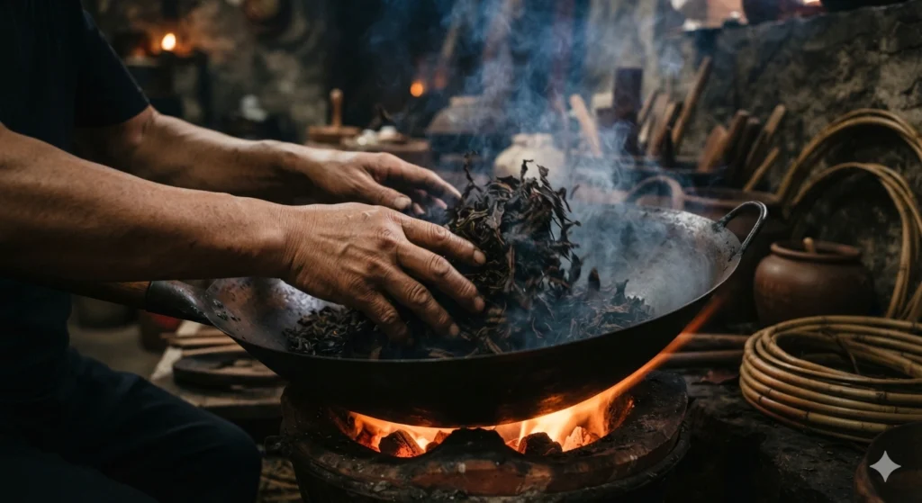 Traditional charcoal roasting process for Dahongpao Wuyi oolong tea