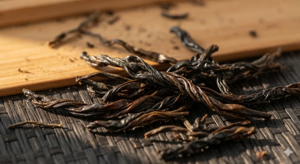 Premium Dahongpao oolong tea dry leaves close-up detail