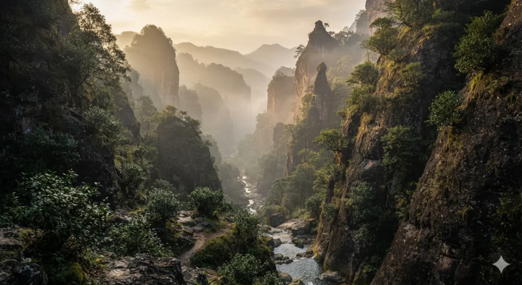 Wuyi Mountains Dahongpao tea origin rocky cliff landscape