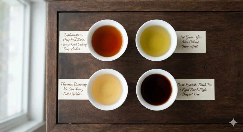 Prompt: A clean, educational flat lay on a dark wooden surface. Four distinct, small white ceramic tasting cups are arranged in a square. Each cup holds a different oolong tea infusion. Top left: deep amber Dahongpao. Top right: bright green-gold Tie Guan Yin. Bottom left: light golden Phoenix Dancong. Bottom right: dark reddish-black tea. Small, elegant handwritten labels identify each tea. The composition clearly highlights the unique deep, warm color of Dahongpao compared to the others. Soft, diffused natural daylight. Photorealistic product photography.