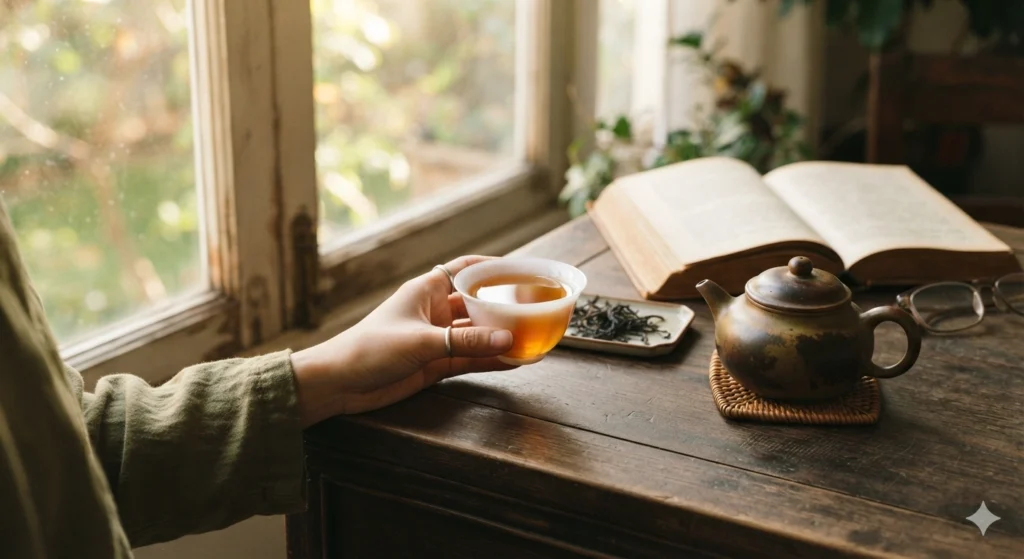 Prompt: A quiet, warm afternoon scene by a window. A person's hand gently cradles a small, elegant white porcelain teacup filled with Dahongpao tea, the amber liquid glowing in the soft light. A traditional, rustic Yixing clay teapot and an open, old book rest on the wooden table beside them. The atmosphere is one of deep comfort, quiet reflection, and a slow, grounding tea ritual. Soft, natural window light. No face visible. Photorealistic lifestyle photography.