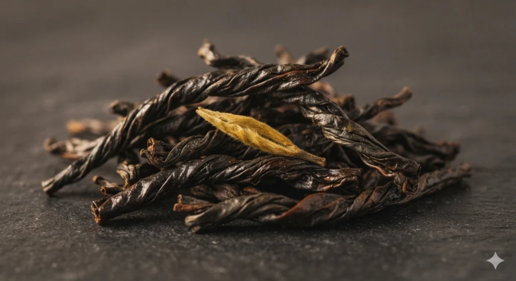 Prompt: Extreme macro close-up of a small pile of premium Dahongpao dry tea leaves on a dark slate stone surface. The leaves are long, thick, and tightly twisted, with a dark, glossy charcoal-brown color and subtle sheen. A single, distinct golden tea bud is clearly visible among the darker leaves. The focus is sharply on the texture, shape, and premium quality of the leaves, visually conveying the warm, roasted aroma. Soft, warm directional light from the side creates gentle shadows. Photorealistic product photography.