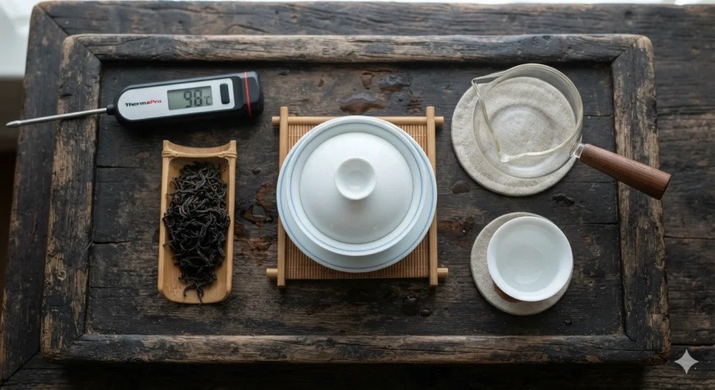 Dahongpao brewing essentials gaiwan leaves and thermometer at 98 degrees