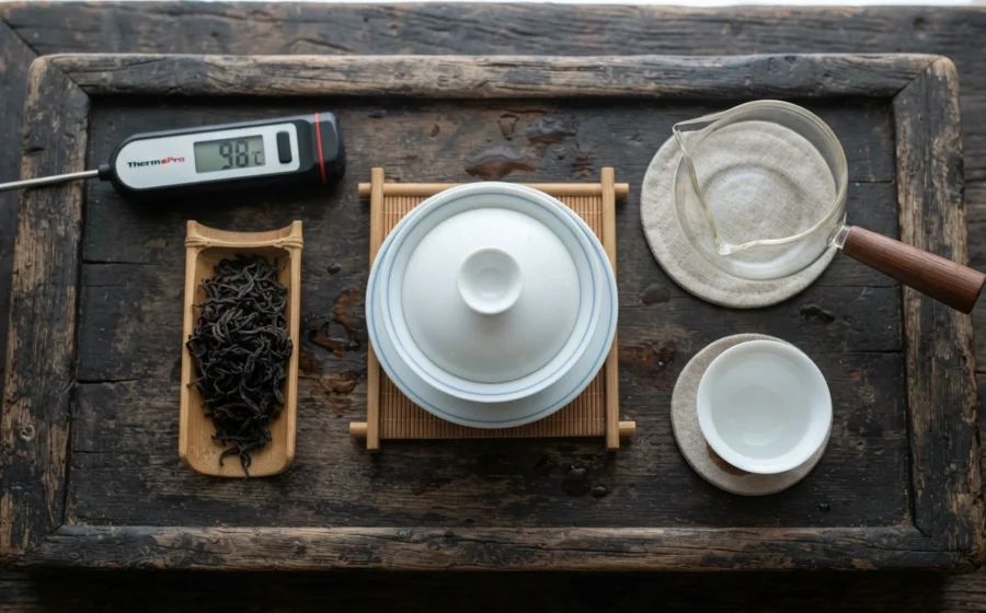 Dahongpao brewing essentials gaiwan leaves and thermometer at 98 degrees