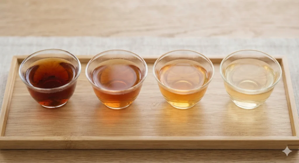 Dahongpao tea multiple infusions color evolution from first to fourth steep
