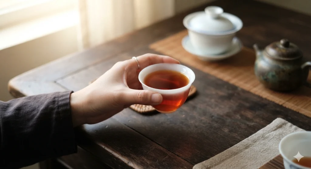 Mindful moment enjoying a cup of brewed Dahongpao tea