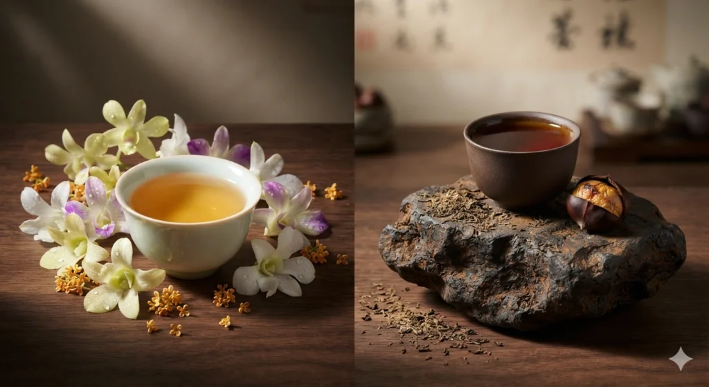 Dancong floral aroma vs Dahongpao mineral rock character concept