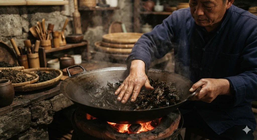 Traditional charcoal roasting process for famous Dahongpao Wuyi oolong tea