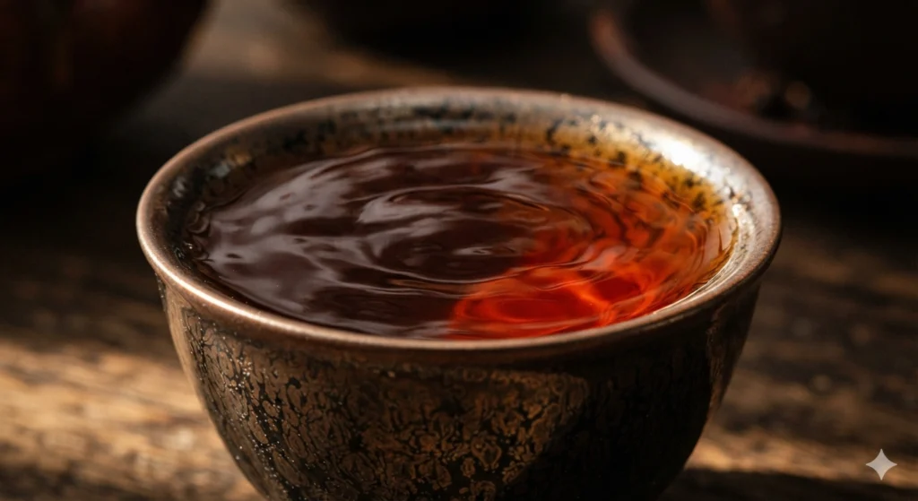 Famous Dahongpao tea rich amber-red liquor oily sheen close-up