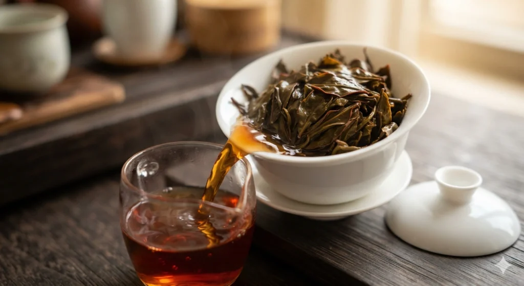 High-quality Dahongpao tea unfurled leaves and amber liquor close-up