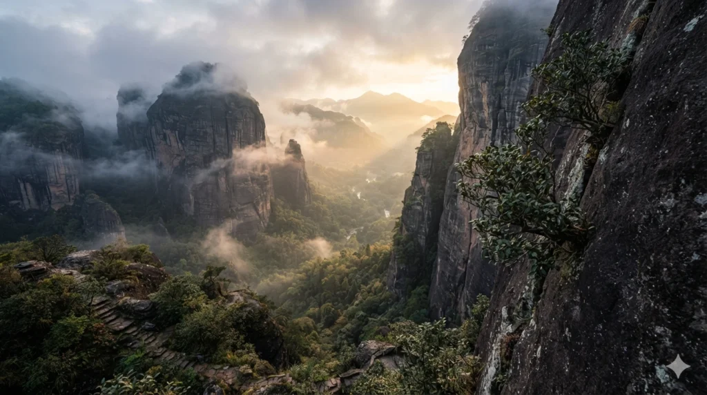 Wuyi Mountains rock tea terroir with ancient tea bushes on cliffs