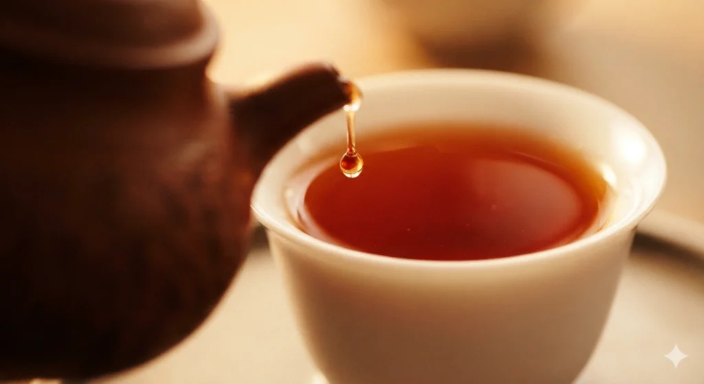 Yancha tea infusion amber color and oily sheen in white cup