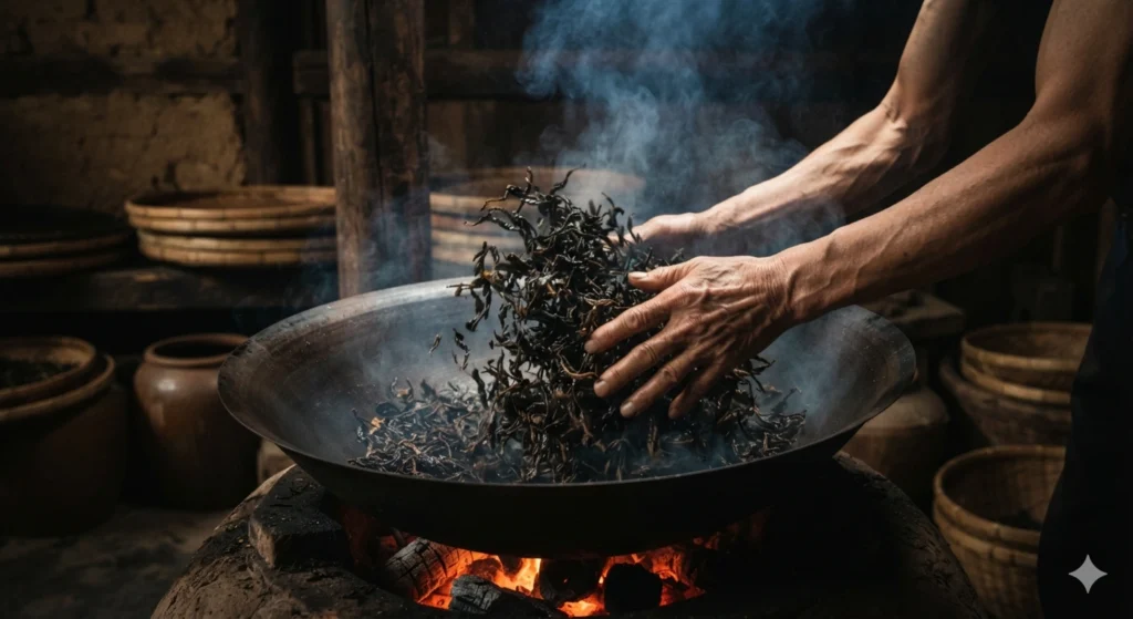 Traditional charcoal roasting process for Yancha Wuyi rock oolong