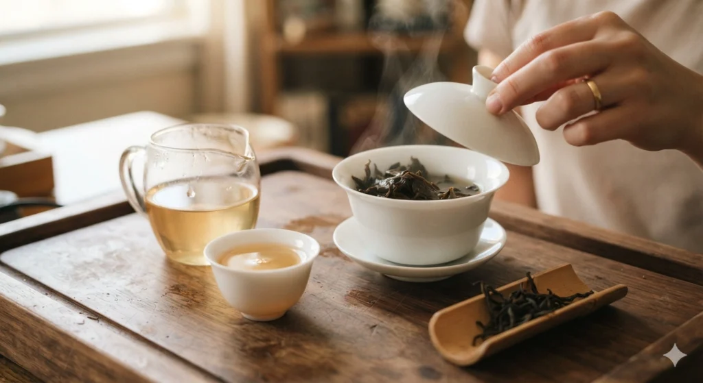 Beginner-friendly Wuyi tea brewing at home with gaiwan and cup