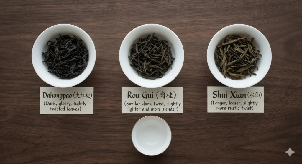 Wuyi tea types Dahongpao Rou Gui Shui Xian dry leaves comparison