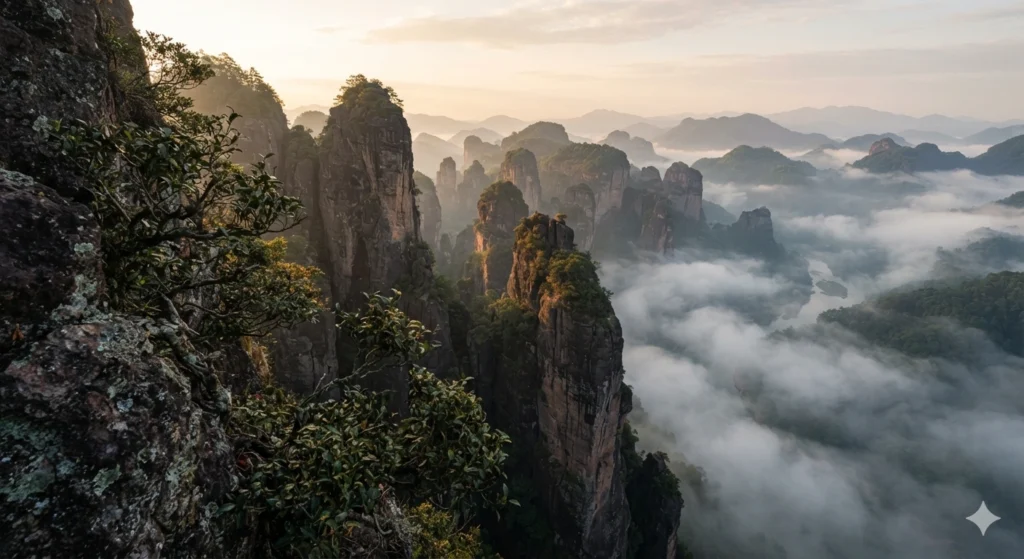 Wuyi Mountains landscape with ancient rock tea bushes and mist