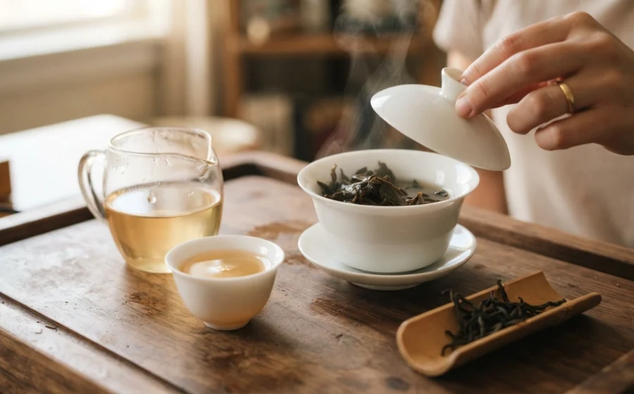 Beginner-friendly Wuyi tea brewing at home with gaiwan and cup