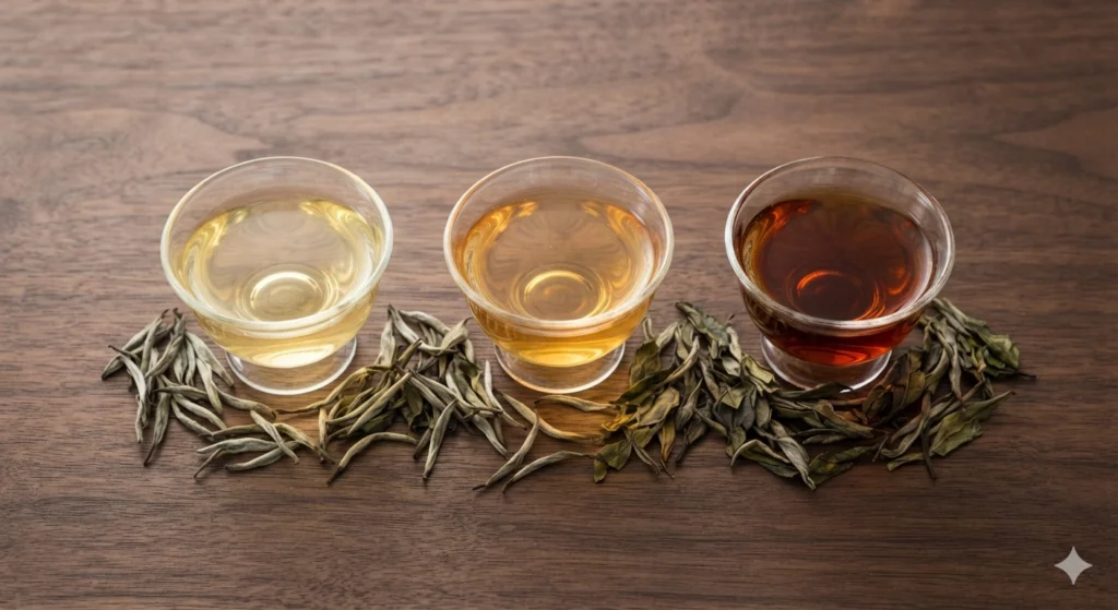 Young vs aged white tea infusion color evolution comparison