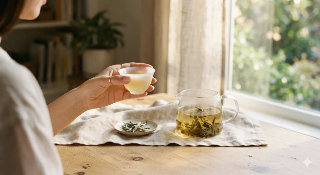 Mindful moment drinking white tea in a calm afternoon
