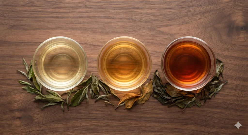 Young vs aged white tea infusion color evolution comparison