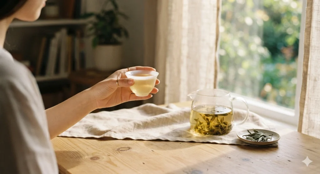 Mindful moment drinking white tea in a calm afternoon