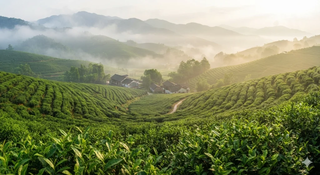 Fuding Fujian white tea origin misty mountain landscape