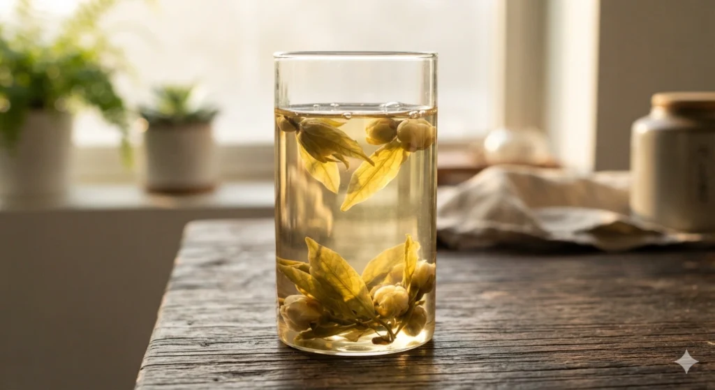 Brewing White Peony tea in a clear glass cup with unfurling leaves