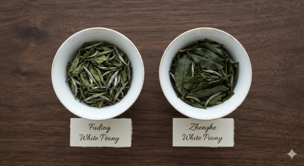 Fuding vs Zhenghe White Peony Bai Mudan tea leaves comparison