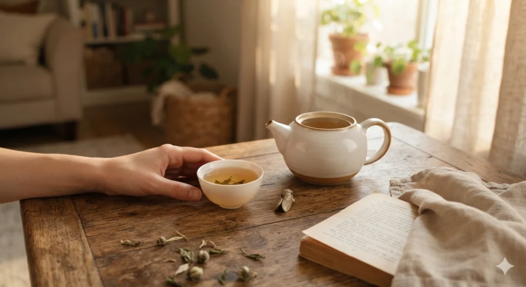 Relaxed afternoon enjoying a cup of White Peony tea at home