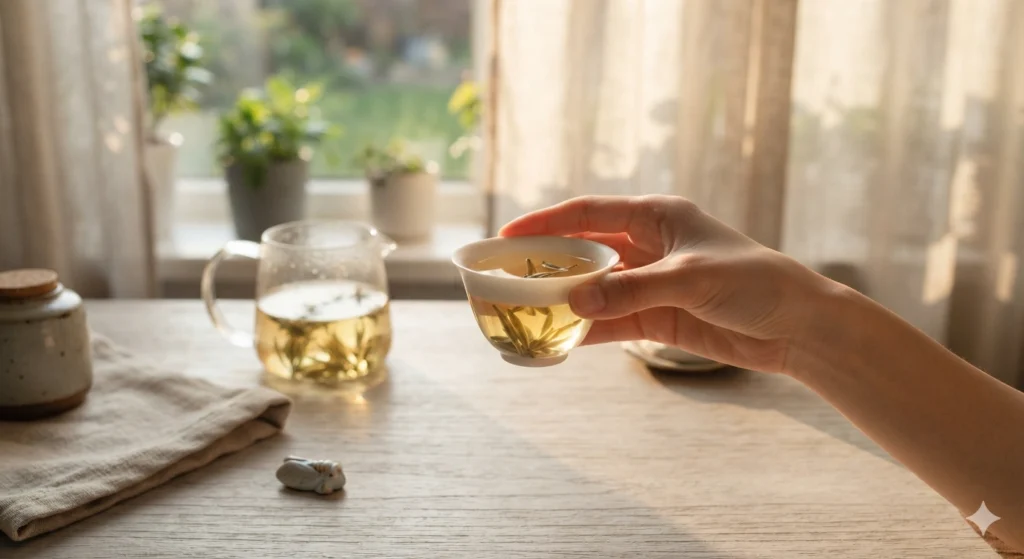 Mindful moment enjoying Silver Needle white tea in afternoon light