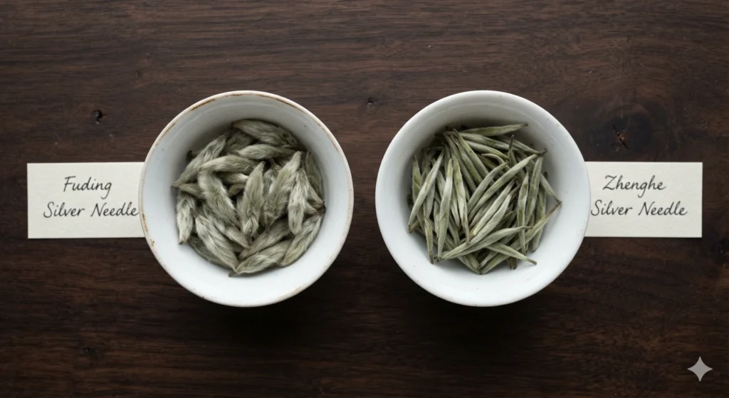Fuding vs Zhenghe Silver Needle tea buds comparison