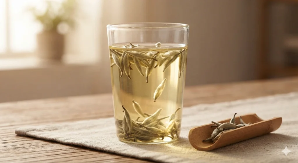 Brewing Silver Needle white tea buds dancing in a glass cup
