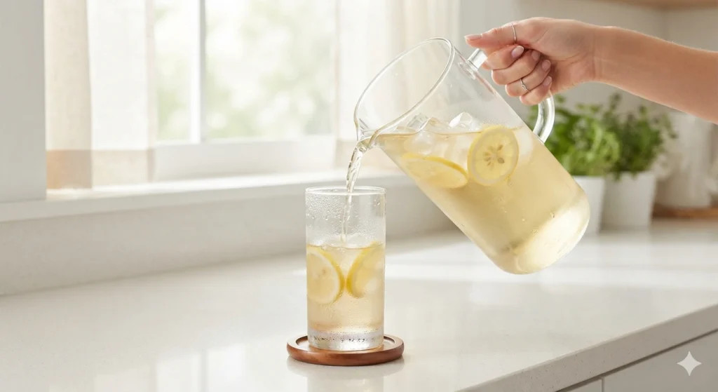 Cold brewing white tea in a pitcher for summer with lemon and ice