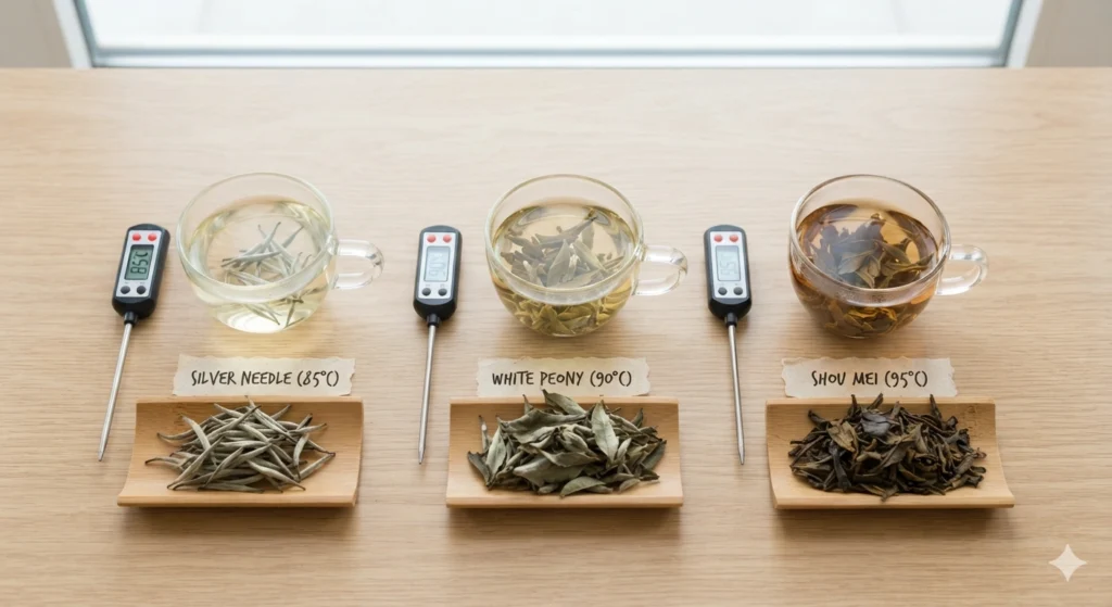 White tea brewing temperature guide Silver Needle White Peony Shou Mei