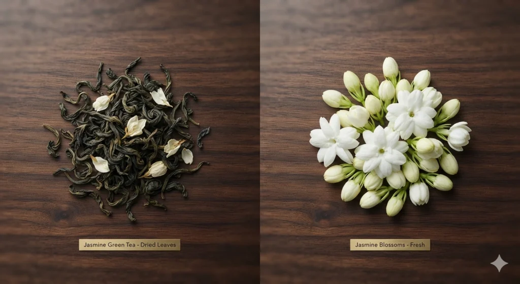 Dried jasmine green tea leaves and fresh jasmine blossoms flat lay