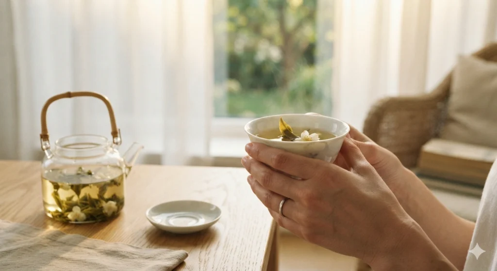Mindful moment drinking jasmine green tea in a calm afternoon