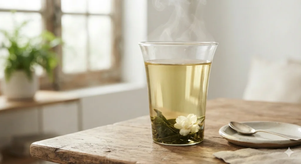 Brewing jasmine green tea in a clear glass cup with leaves and flowers