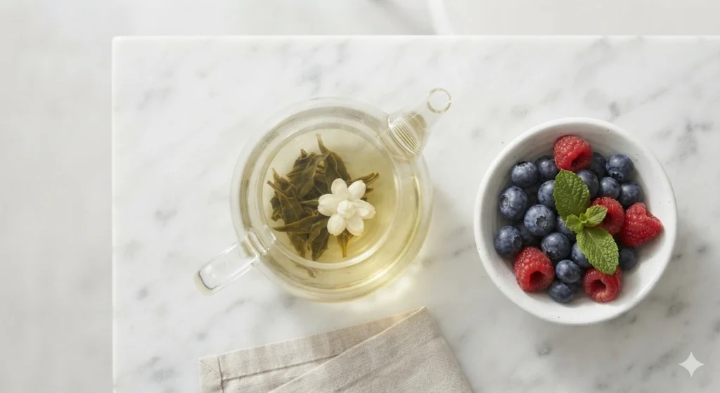 Jasmine green tea antioxidants concept with fresh berries and flowers