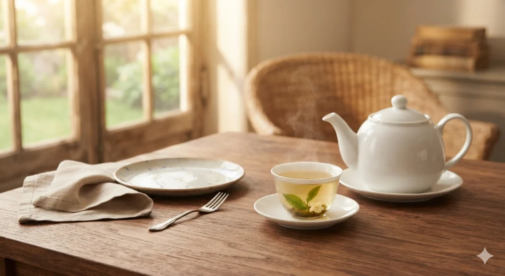 Drinking jasmine green tea after a meal for healthy digestion