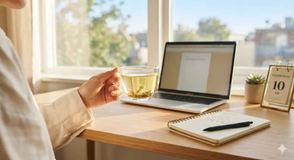 Morning work session with a cup of jasmine green tea for gentle energy