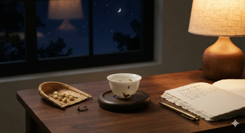 Evening ritual replacing coffee with the memory of jasmine green tea