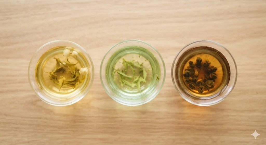 Jasmine Longjing Gunpowder green tea infusion color comparison