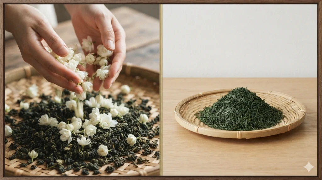 Jasmine tea scenting process vs plain green tea production comparison
