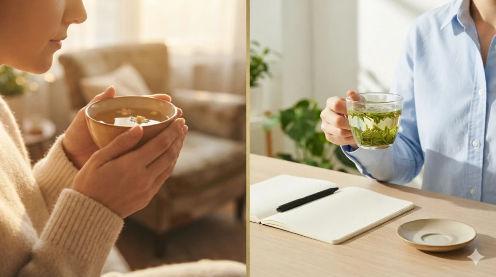 Jasmine tea relaxing afternoon vs Longjing focused morning comparison