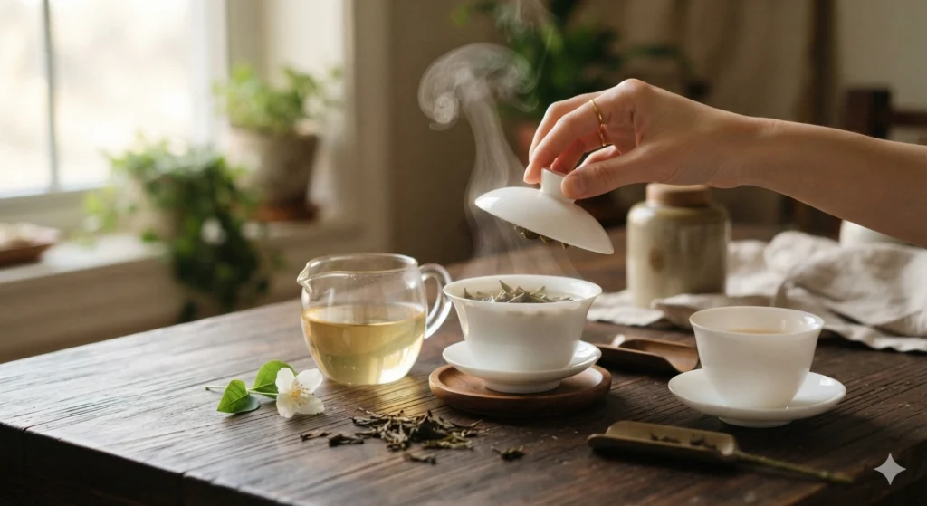 Mindful tasting of premium jasmine green tea in a gaiwan