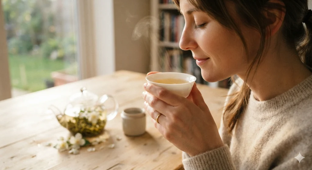 Woman appreciating the floral aroma and taste of jasmine green tea