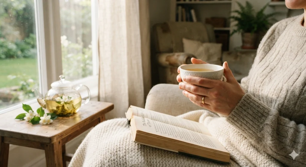 Relaxing afternoon enjoying the sweet taste of jasmine green tea